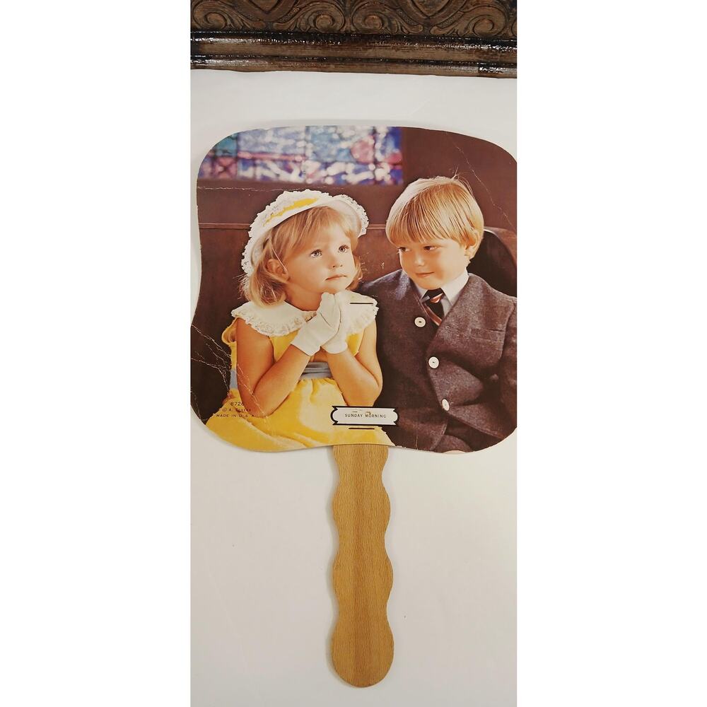 Vintage "Sunday Morning" Church Hand Fan, Card Stock & Wood